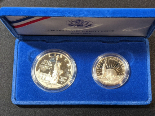1986 Statue of Liberty Commemorative  90% Silver Dollar & Half 2 Coin in Box - Afbeelding 1 van 4