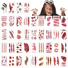 265 PCS 40 Sheets Fake Scars Temporary Tattoos, Horror Realistic Wound Stitch Fa