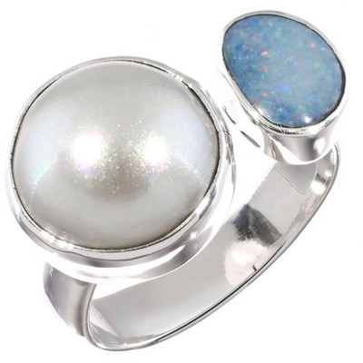 925 Sterling Silber echter Opal weiße Mabe Perle Sterling Gr. 7 Ring