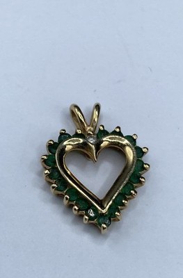 14K Gelbgold Smaragd Diamant Herz Anhänger offenes Herz romantischer Stil 3/4''