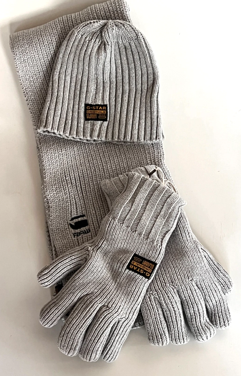 G Star RAW Womens Cotton Knit Gloves/Scarf/Beanie Hat Gift Set Grey HTR BNWT