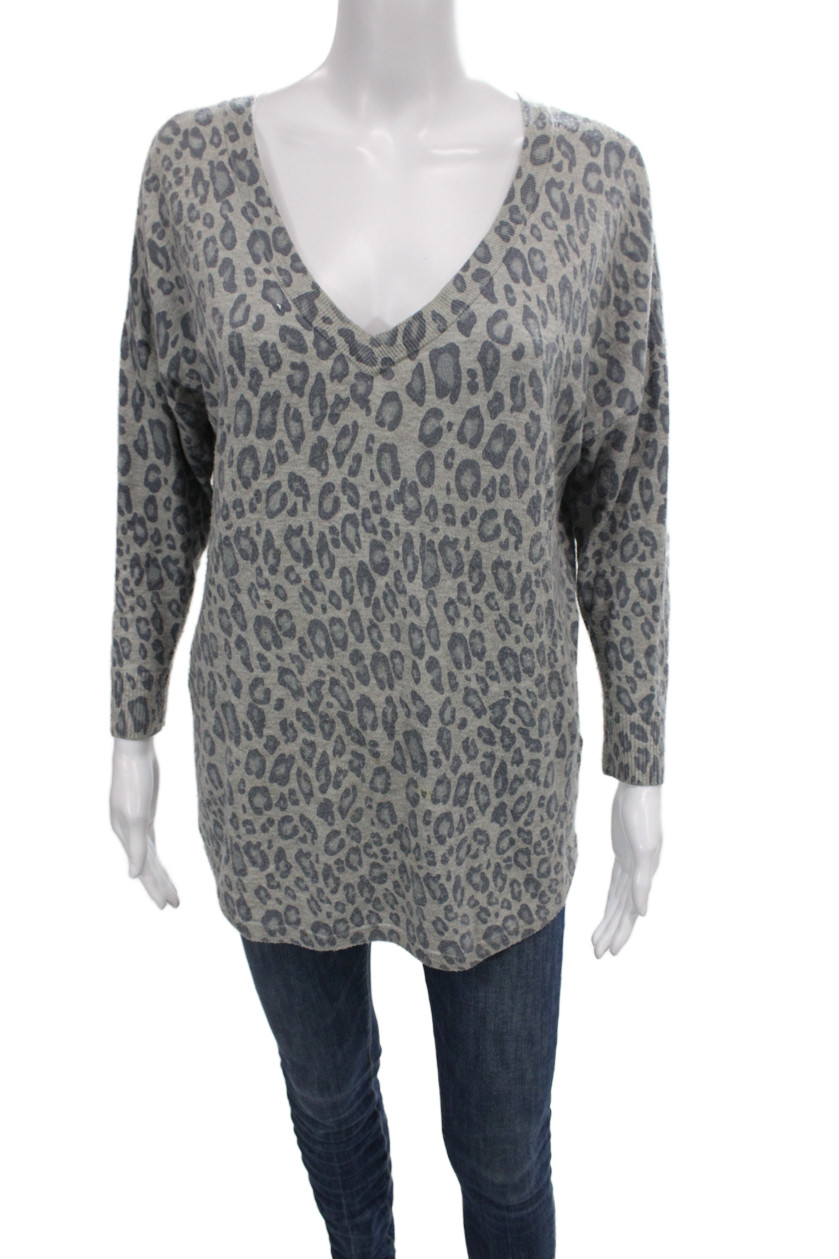 Joie Unisex Leopard V-Neck Pullover Sweater Gray Long Sleeve Size SFree Shipping in US $100+ Orders | $6.95 Orders Below