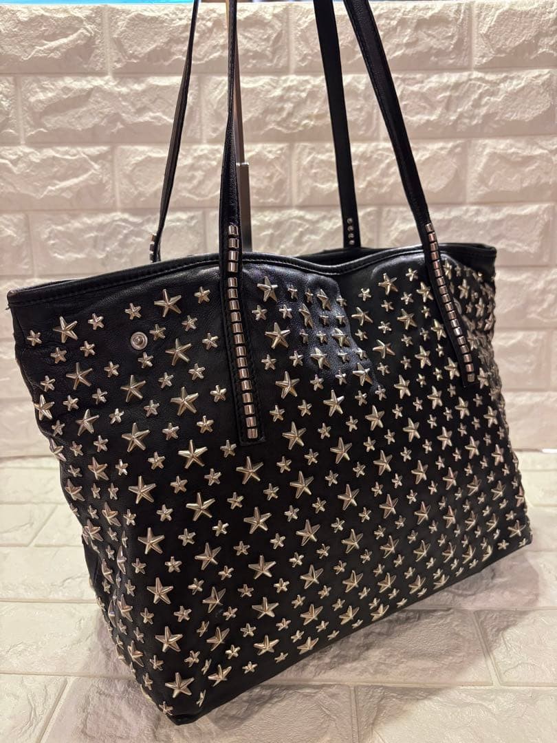 Jimmy Choo Black Leather Tote Bag with Star Studs Unisex Authentic