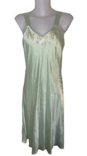 Vtg Women's Green Satin Embroidered Babydoll Coquette Fairy Midi Slip Dress Sz S