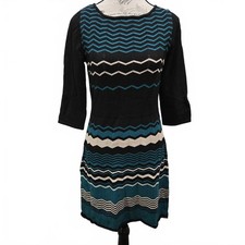 Nine West Women's Black Teal & White Chevron Knit 3/4 Sleeve Sweater Dress Small