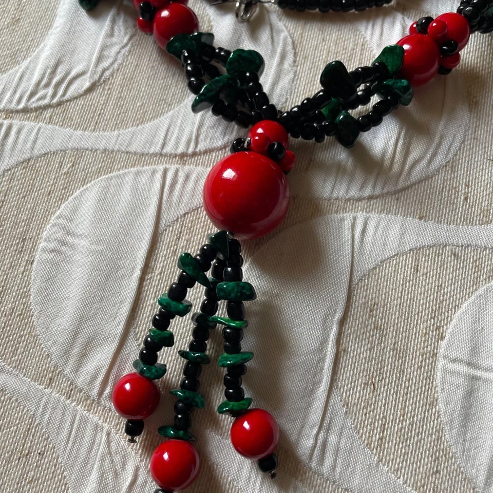 Collar Art Deco Vintage Cuentas Rojo Cereza Negro Verde Colgante Piedra Cerámica Foto 3 de 4