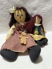(2) Homemade Primitive Folk Art Girls W/Painted Faces/Yarn Hair-Cloth Dolls