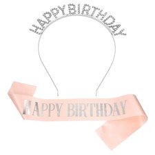 Birthday Crown and Sash Birthday Sash for Women Rhinestone Tiara Pink-Silver