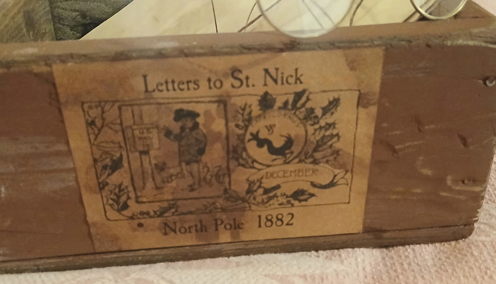 Prim Letters To St Nick Wood Box W/Faux Letters, Santa's Glasses Christmas 1800s