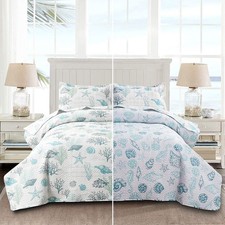 Reversible Coastal Beach Theme Quilt Set Twin Size Ocean Coral Bedding Seawee...