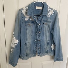 Chico's Denim Jacket Cotton Lace Appliqu s Flowers - Women's Size 1 8 EUC