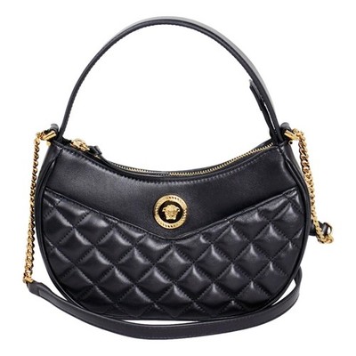 New Versace La Medusa Half Moon Hobo Shoulder Crossbody Bag Black Leather 