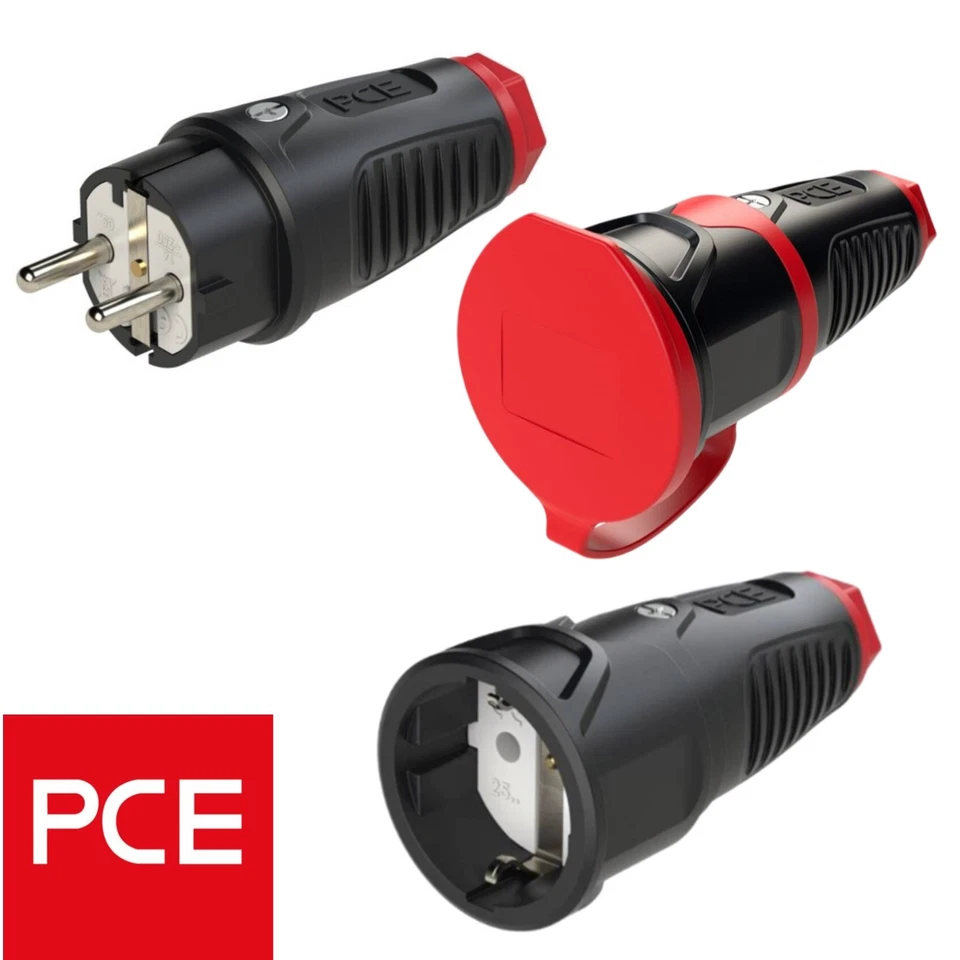 PCE Schuko Gummi Stecker Schuko Kupplung Taurus Schwarz/Rot IP20 oder IP54