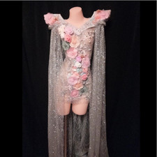 Silver Glitter Rhinestone Pearl Flower Transparent Dress Celebrate Outfit Dress