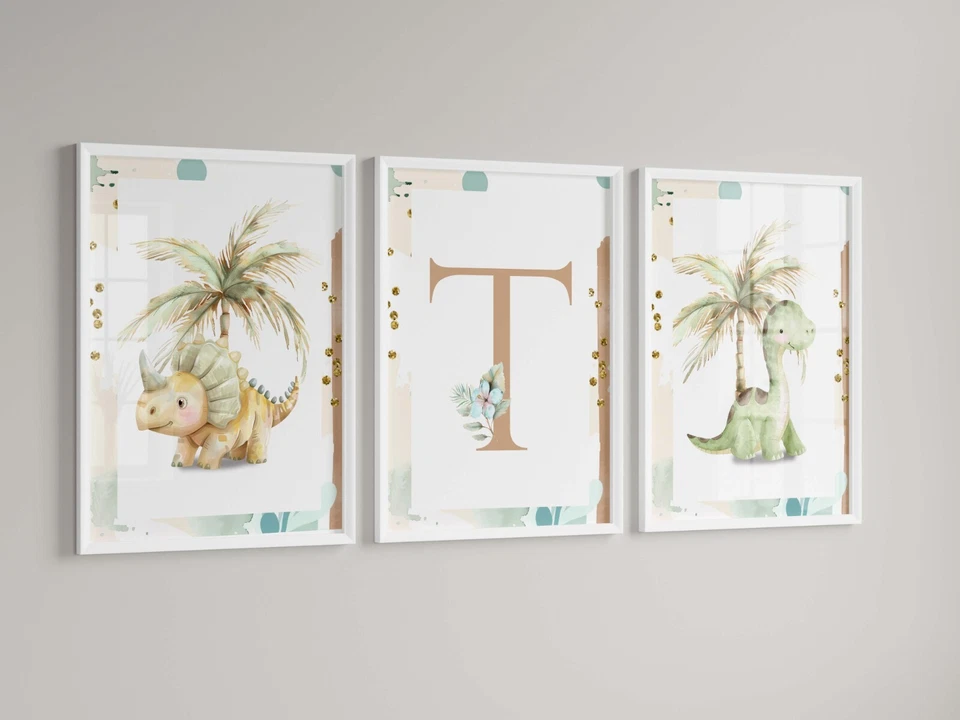 CREATION ART Personalised Boys Dinosaur bedroom prints (Set of 3 ) Pictures Nursery Print
