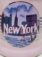 New York Coffee Tea Cup Mug Skyline Sailboat Water Highrise Scene Pink 3.5"