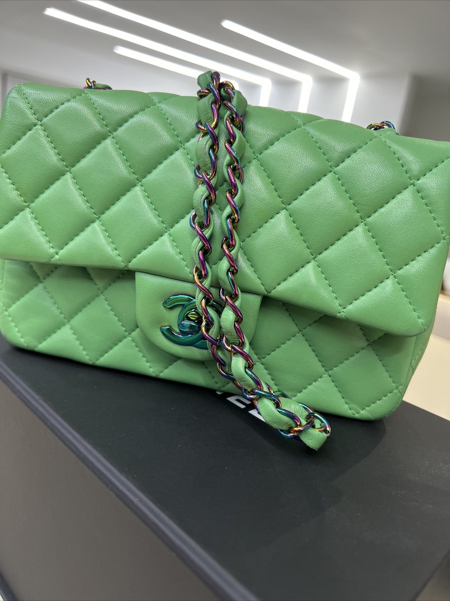 Chanel Mini Rectangular Green Lambskin Rainbow Hardware 2021 Chanel Mini Rectangular Green Lambskin Rainbow Hardware 2021