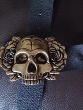 Vintage WASHED UP HOLLYWOOD Gold Brass Handmade Skull Rose Ecthed Belt Buckle