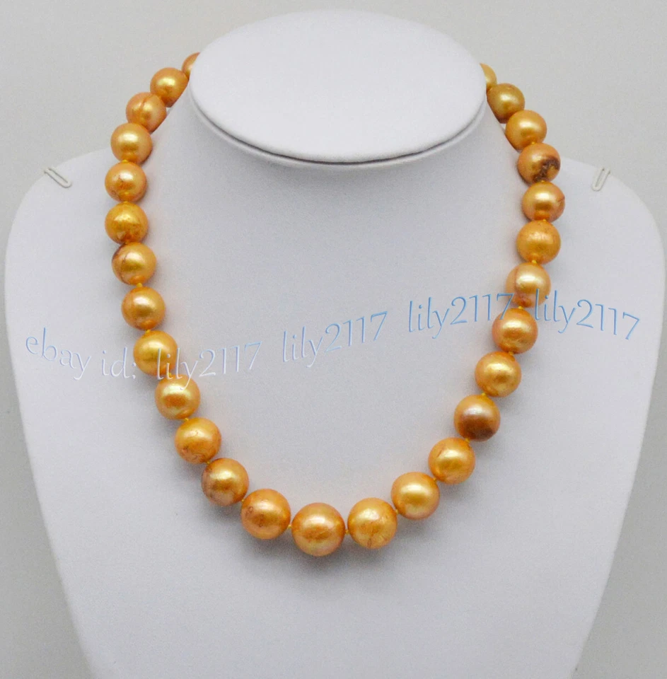 Enorme collar de perlas redondas de oro amarillo natural genuino del Mar del Sur de 12-15 mm AAA de 18"" Foto 3 de 4