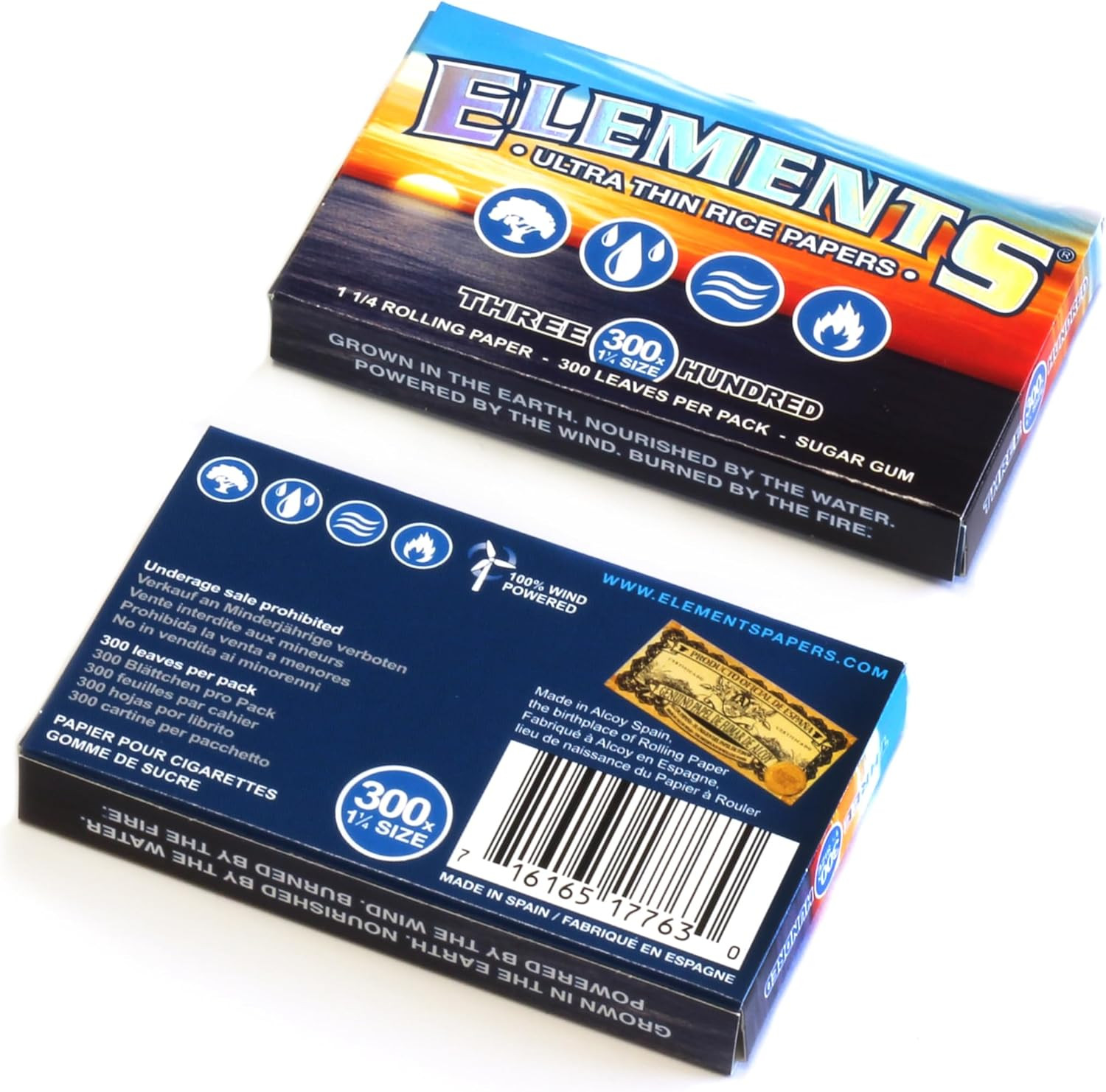 ELEMENTS 300 Ultra Thin Rice Rolling Paper 1.25 1 1/4 Size, 5 Pack = 1500 Leaves