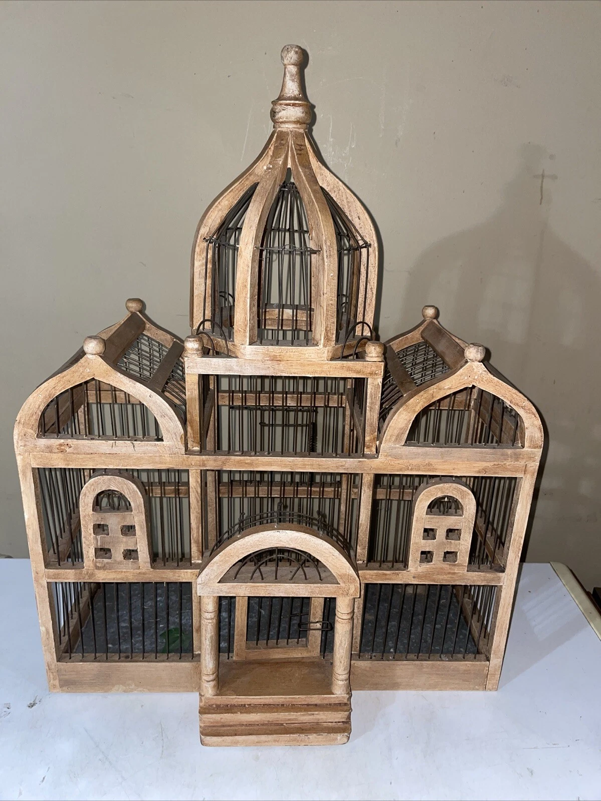 Antique Bird Cage Victorian Style Bird House Wooden & Wired w/ Drop Tray