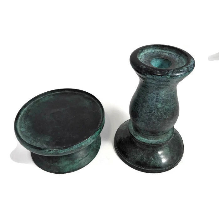 Par de castiçais de metal verde Verdigris 1 pilar mais 1 cônico tealight votivo - Imagem 4 de 4