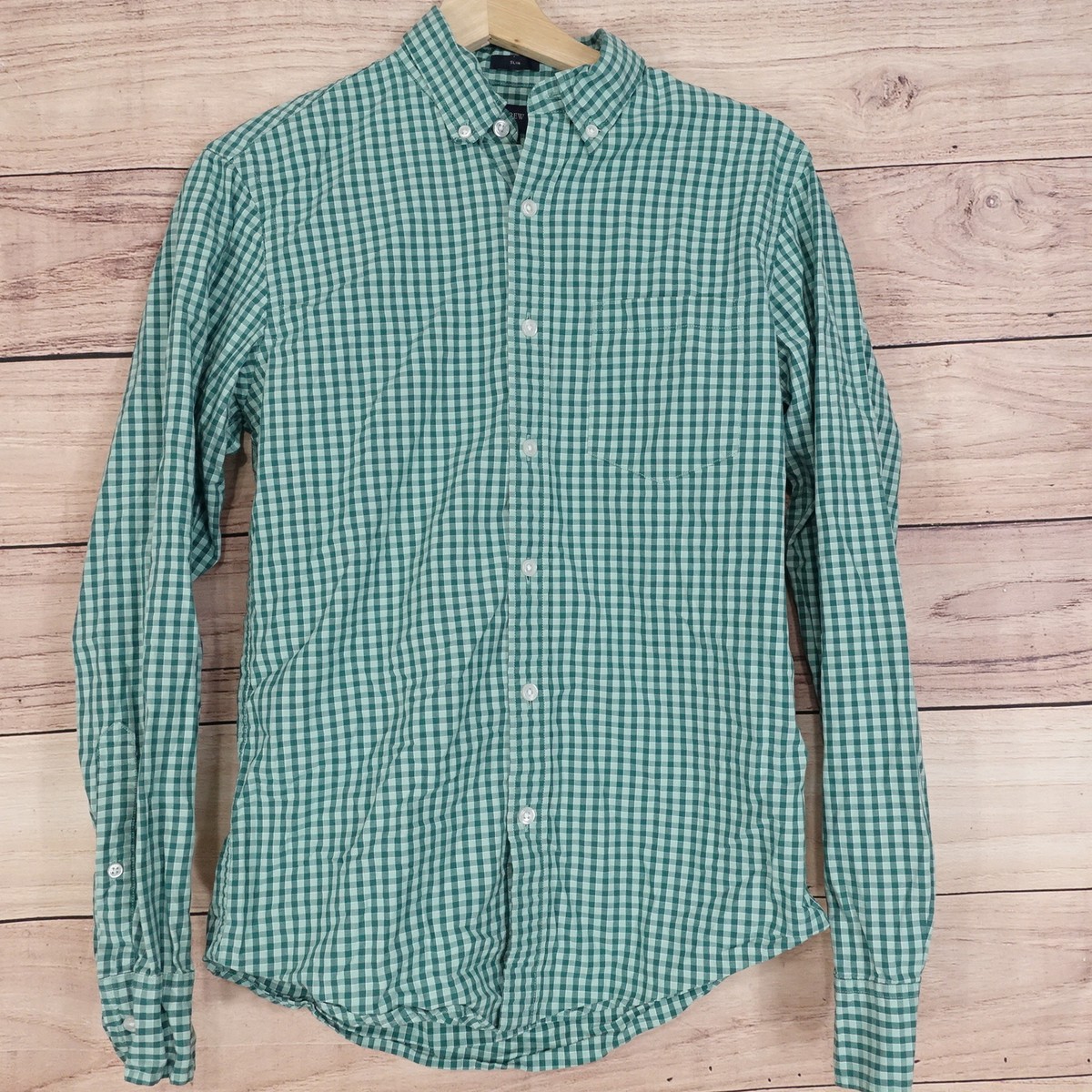 J CREW SLIM FIT GREEN GINGHAM CHECK BUTTON DOWN SHIRT MENS SIZE S