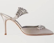 Manolo Blahnik 'Lurum' Grey Satin Jeweled Leaf Mule SZ 38.5/ 8 US .