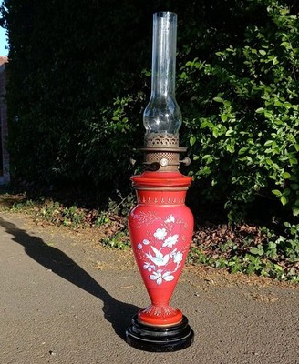 Victorian Ruby Glass Triplex Oil Lamp, Complete, No Damage