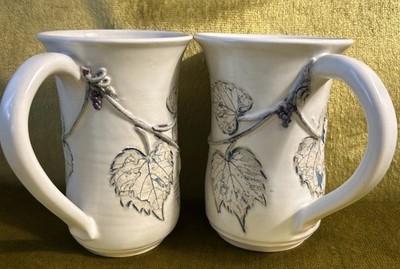 Vintage Shabby Chic Rustic Cottagecore Signed Studio Pottery Mugs Grapevine 