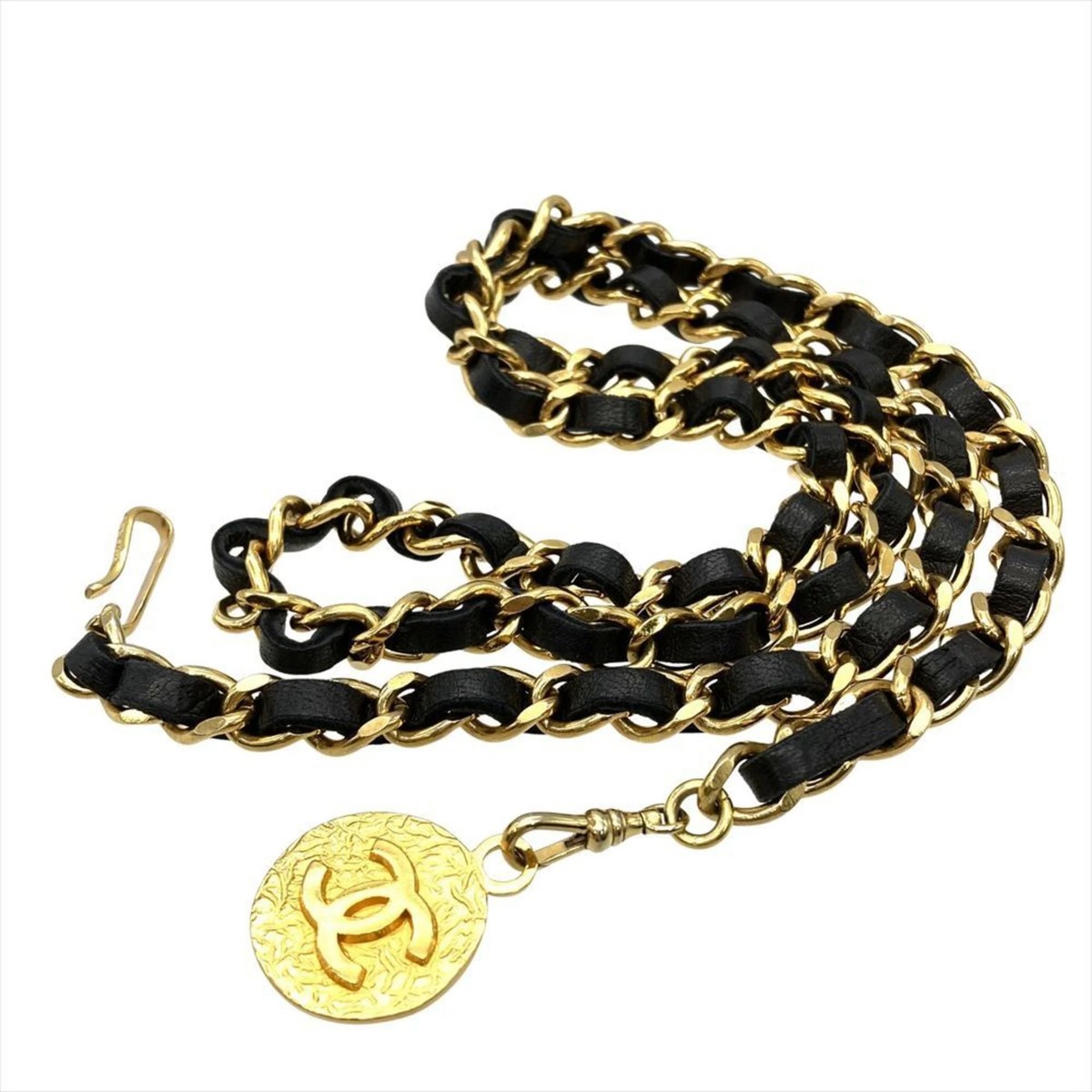 Chanel Coco Mark Chain Belt, Leather, 89cm, Black, Gold Hardware