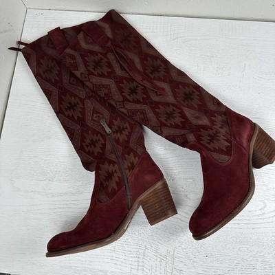 Veracruz Boots Womens 39 8.5 Red Leather Suede Knee High Aztec Western Burgundy