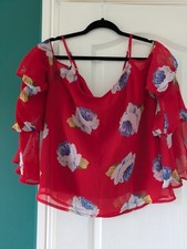 Lipsy Red Floral Open Shoulder Size 12 Top With Ruffle Sleeves