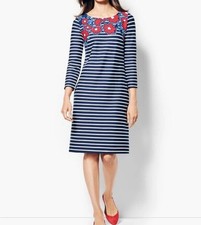 Talbots Dress Womens Size Large Navy Blue Stripe SS Cotton Floral