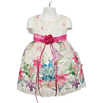 Baby Girl Ivory Party Dress Floral Embroidery Satin Waist (New Size 1-2)