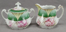 Antique RS Prussia Pink Carnations Green White & Gold Creamer & Sugar