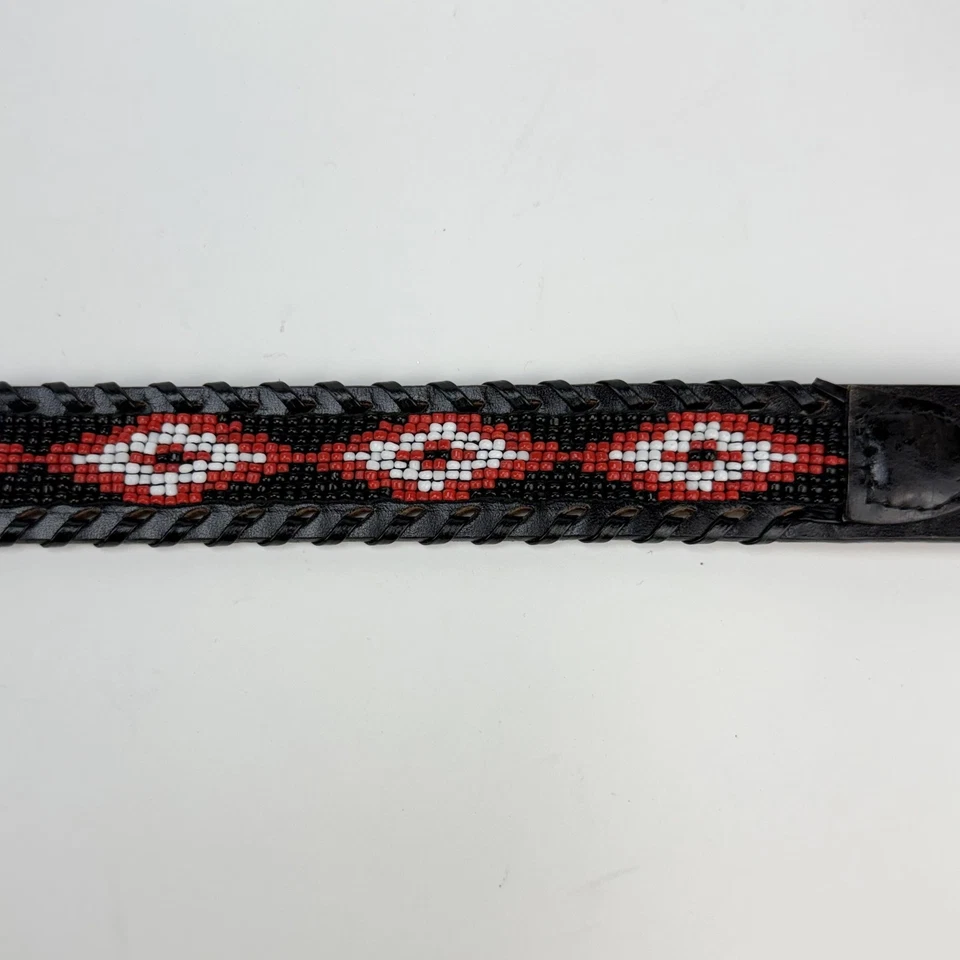 VINTAGE Beaded Leather Belt Mens 38 Black/Red Western Snap Buckle Made USA 90s - Image 3 of 4