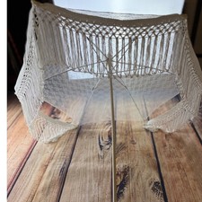 Vintage White Floral Lace Parasol Umbrella Macrame Fringe Pink Satin Handle 31"