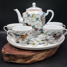 Chinese Export Porcelain Tea Set Teapot Tray  Cups Colorful Floral Decor