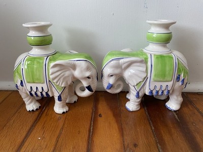 Green Blue Vintage Fitz & Floyd Elephant Candle Holders Candlesticks *READ*