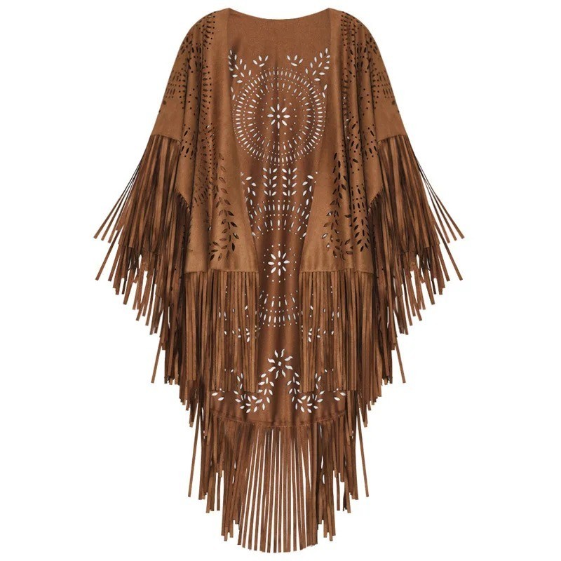 Boho Fringe Tassel Poncho Floral Suede Cape Cowboy Stampede Festival Shawl