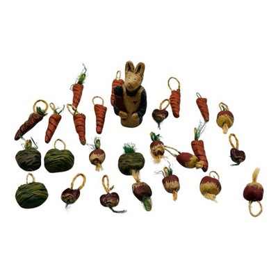 Vintage Easter Rabbit & Veggies Ornament Set Of 26 Folk Art Carrot Raddishes 