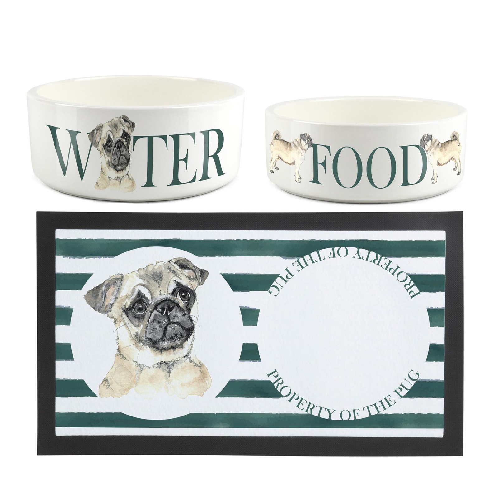 Pug Pet Bowls & Mat Set - White Ceramic Food & Water Dishes Gifts