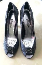 PRE-OWNED-J RENEE TEXTURED FABRIC PEWTER GLITTER RHINESTONE PEEP-TOE PUMP- 9 M