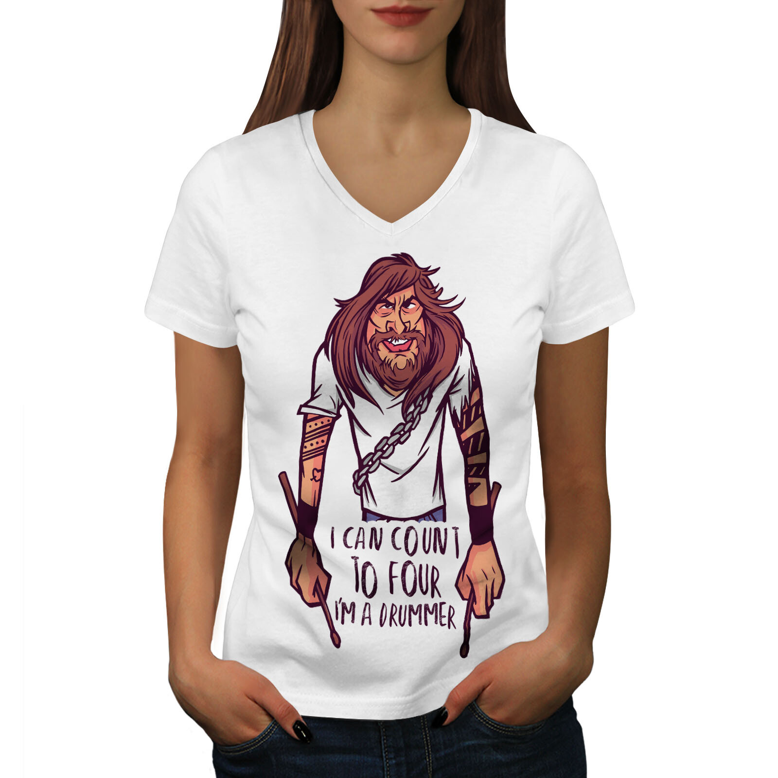 Wellcoda I Can Count To Four Drummer Humor Cartoon Womens V-Neck T-shirt