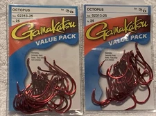 (LOT OF 2) GAMAKATSU OCTOPUS HOOKS 3/0 RED VALUE PACKS.  25 PER PACK 50 TOTAL