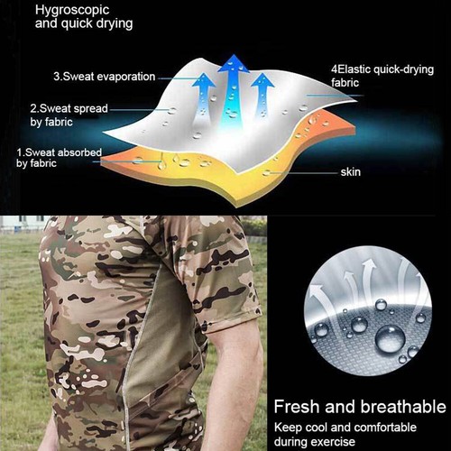 Quick Drying Tactical Short Sleeve Camo Tops Military Combat Crew Neck T-Shirt - Picture 11 of 16