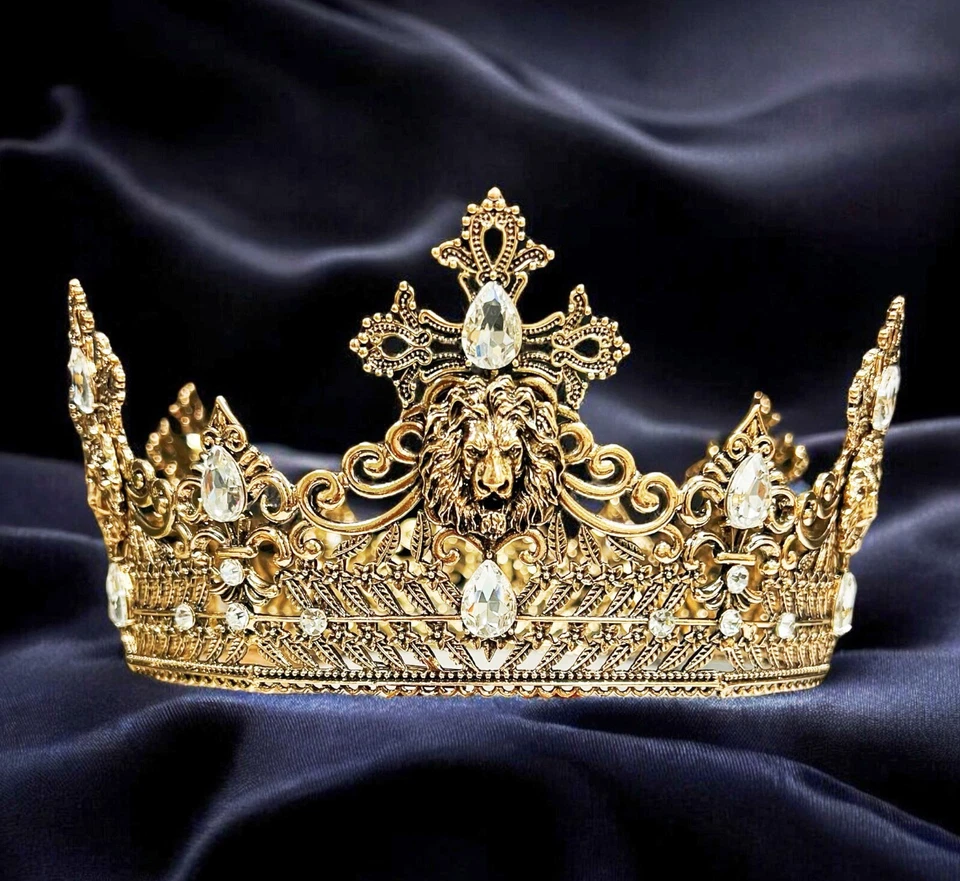 Corona Rey León de colección, corona de cristal transparente para novio, corona de graduación, corona dorada Foto 3 de 4