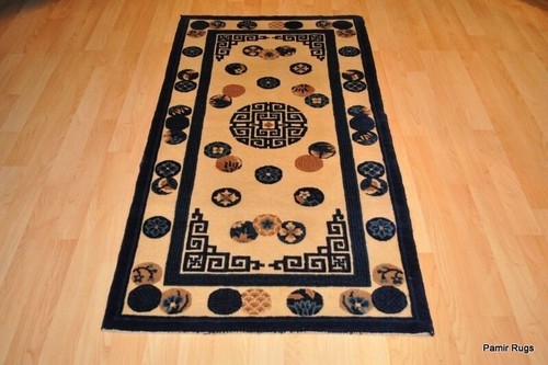 ANTICO TAPPETO CINESE 2' 7" X 4'3" tappeto orientale cinese, fatto a mano, blu e beige - Foto 7 di 12