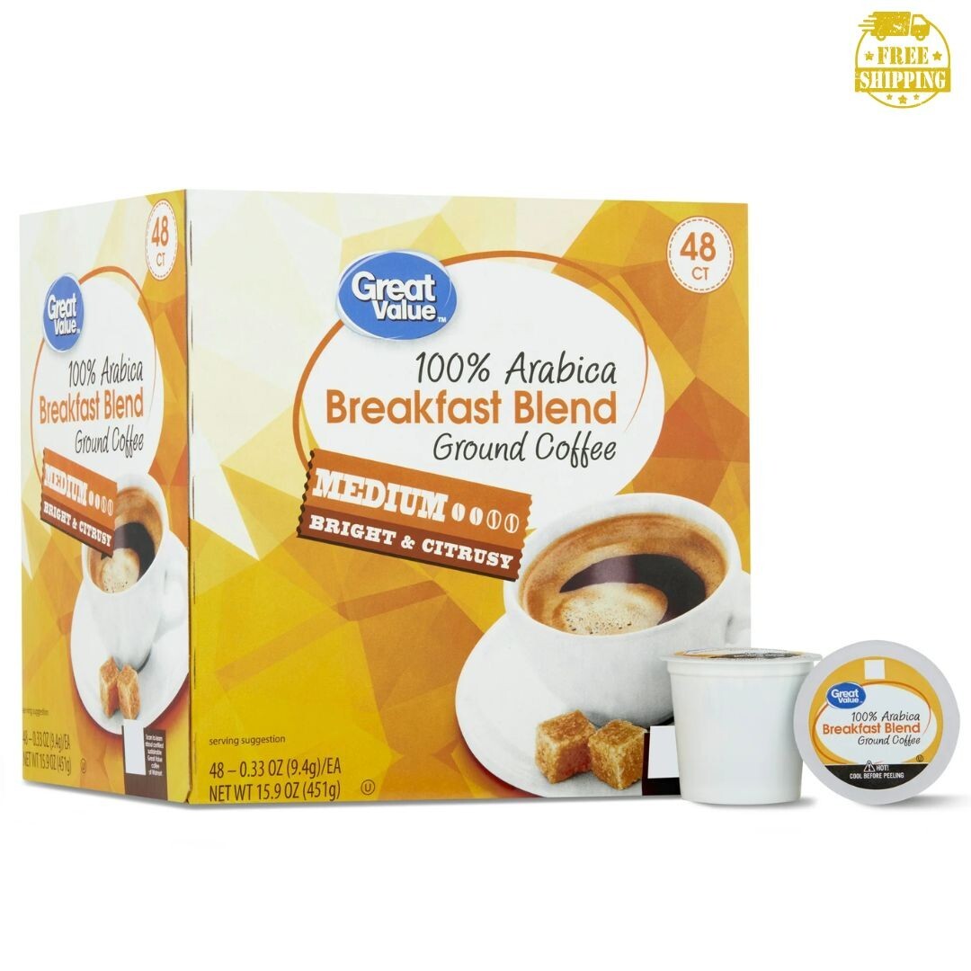 Great Value 100% Arabica Breakfast Blend Medium Roast Ground Coffee Pods, 48 Ct